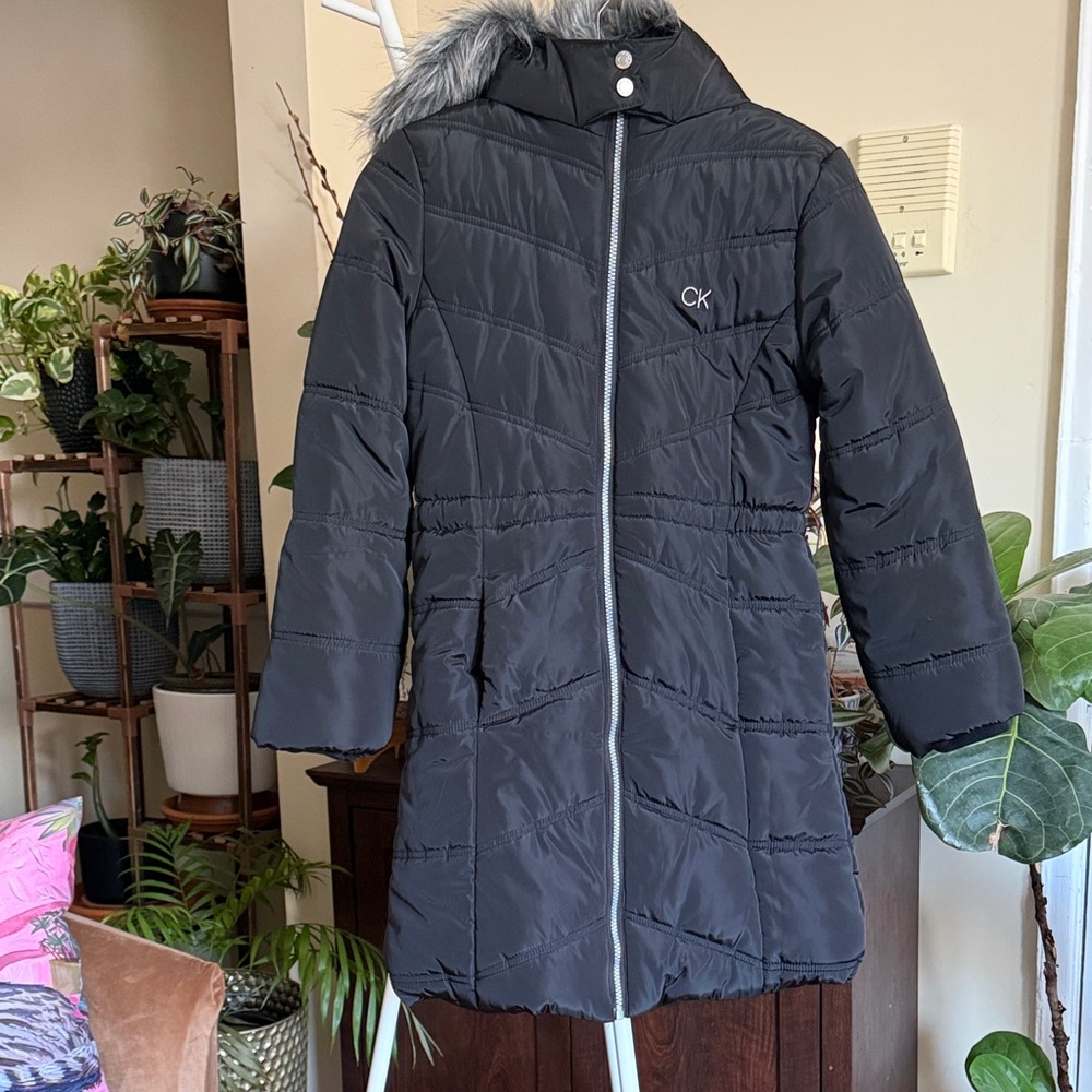 Calvin Klein Kids Black Puffer Coat with Fur Hood